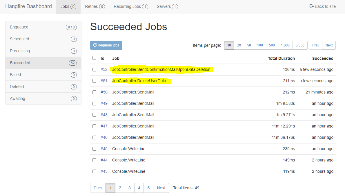 Succeeded Jobs for User Deletion