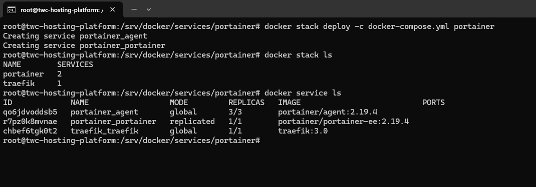 docker stack ls, docker service ls, deploy portainer